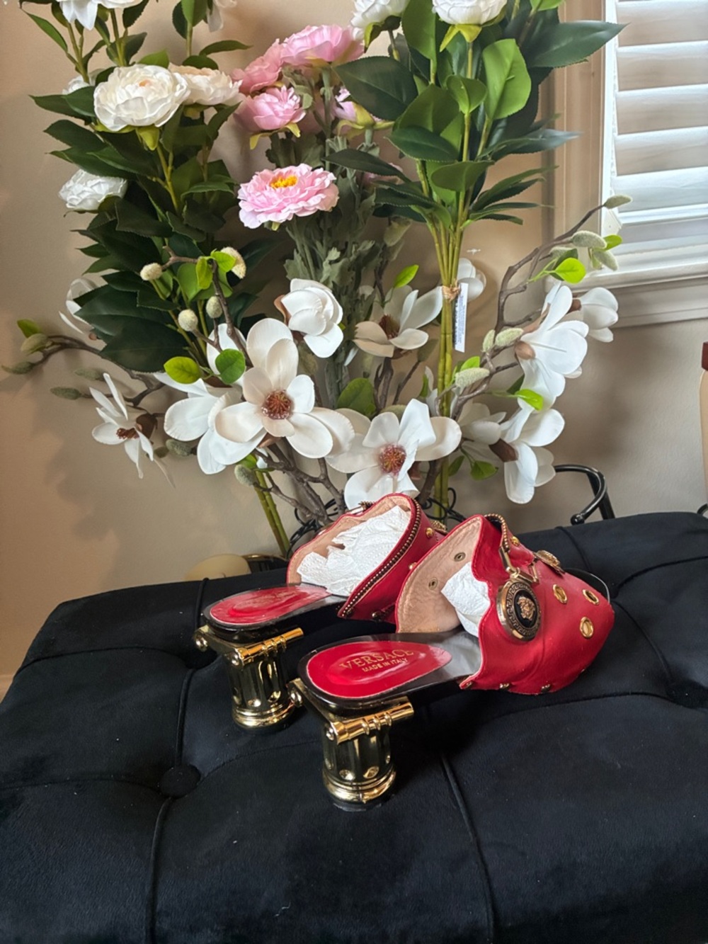 Versace Red Satin Medallion Mules with Gold Column Heels
